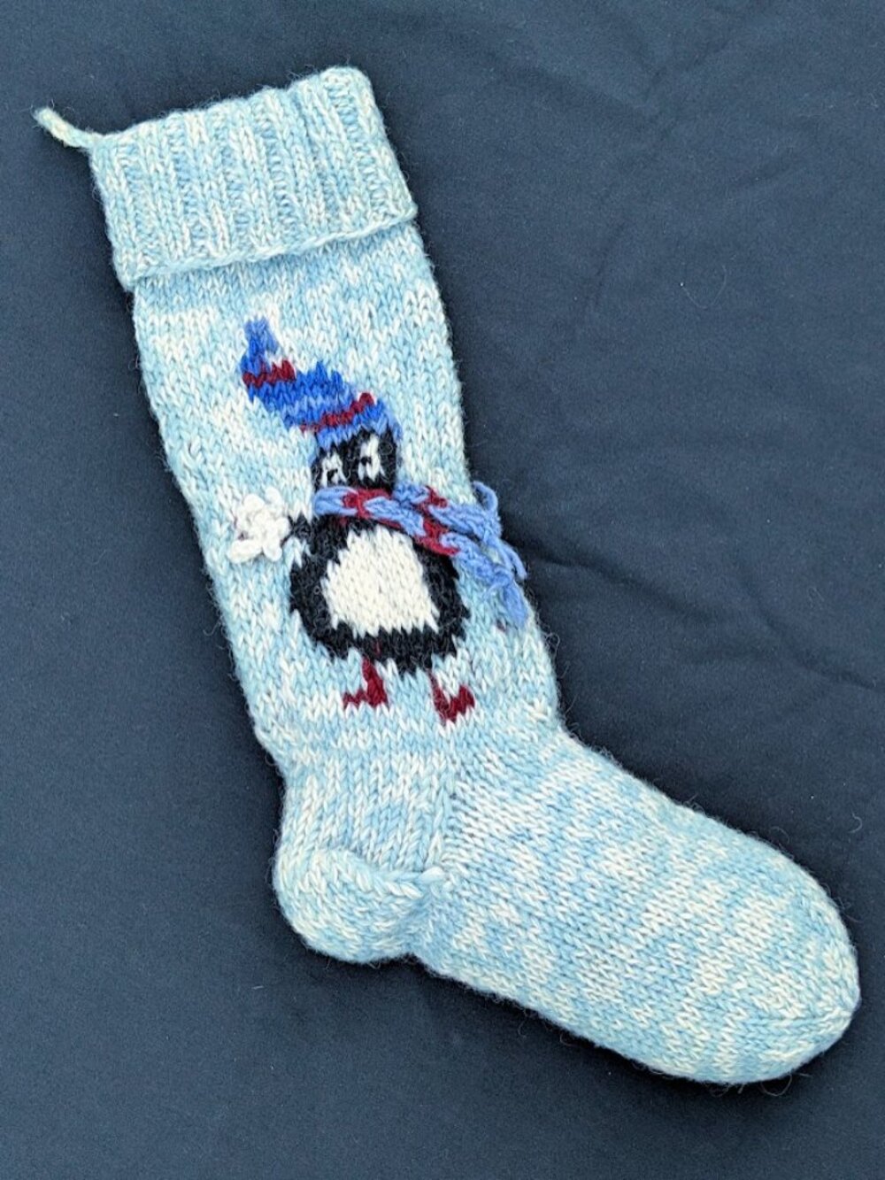Hand Knit 2 sided Wool Christmas Stocking Penguin